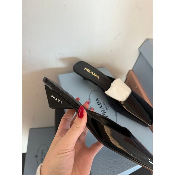 NWT Prada Slip-on Mules Black Patent Leather Square Toe Triangular Kitten Heels - Picture 5 of 8